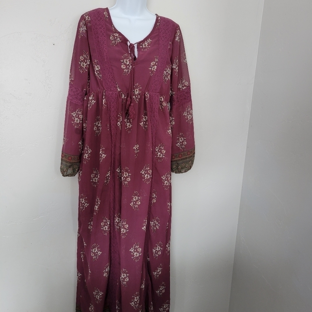 Clover & Scout Women's XL Plum Purple Long Sleeve Maxi Dress Floral Lace V-neck